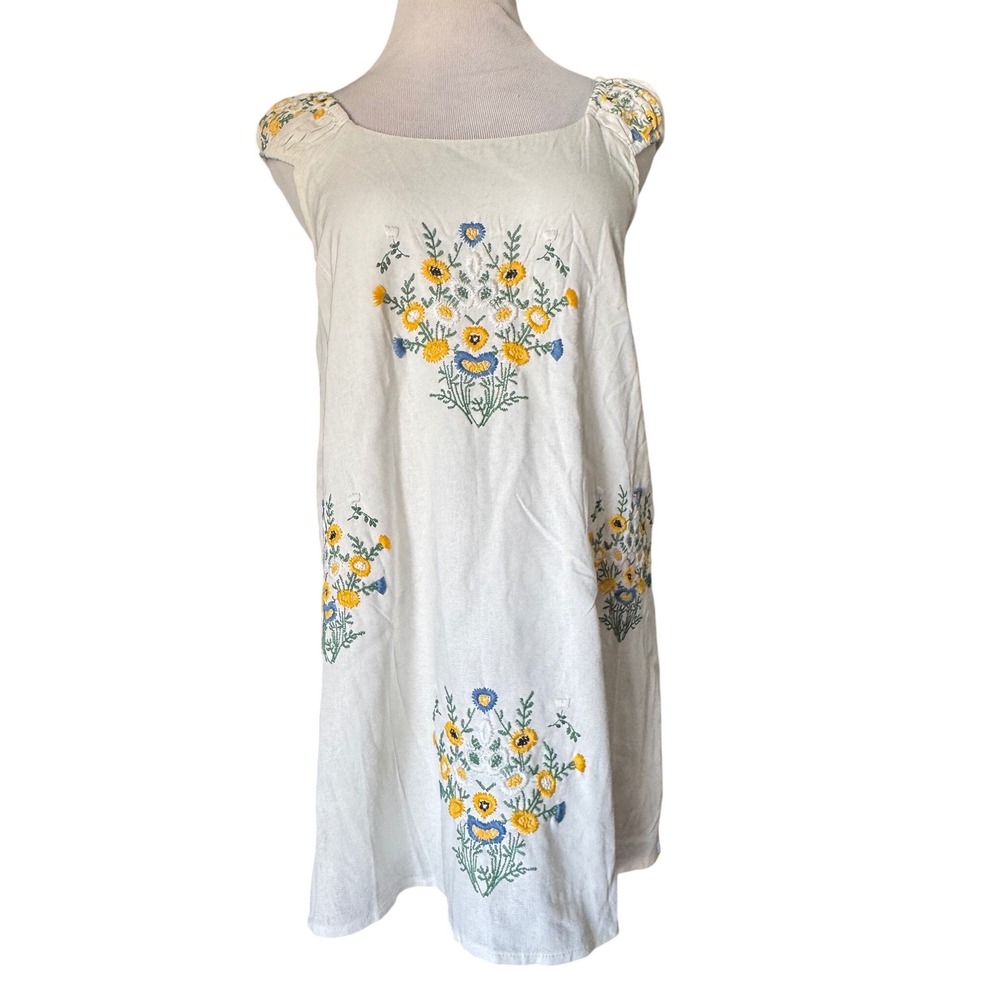 Kirious Dress Womens M Embroidered White Linen Floral Shift Boho Summer Mini